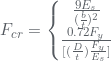 F_{cr}=\left\{\begin{matrix} \frac{9E_{s}}{(\frac{b}{t})^{2}} & \\ \frac{0.72F_{y}}{[(\frac{D}{t})\frac{F_{y}}{E_{s}}]}& \end{matrix}\right.